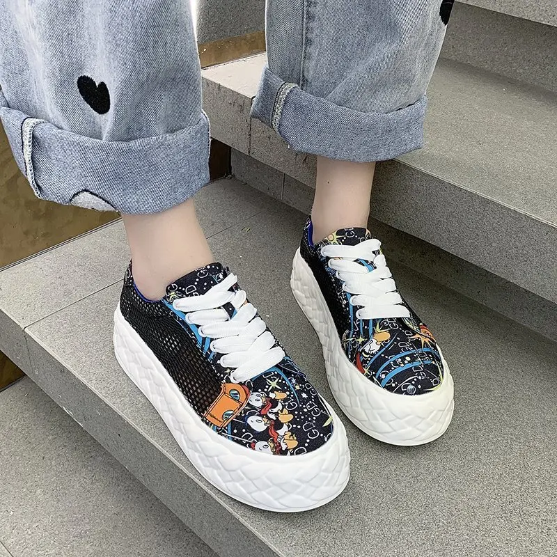

Canvas+Mesh Platform Sneakers Women Casual Vulcanized Shoes Fashion 2021 Summer Thick Bottom Chunky Sneakers Woman