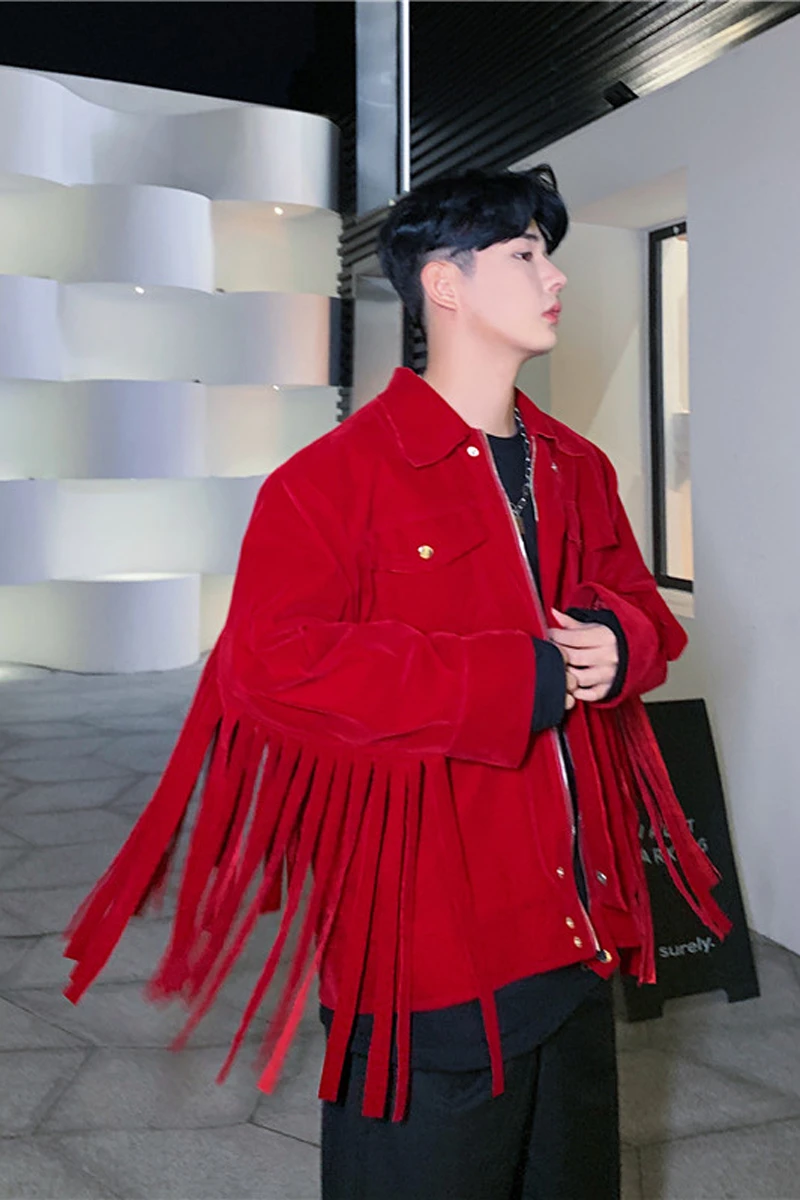 

M-XXL!Autumn dark black tide personality tassel design men loose velvet jacket nightclub stage costume jacket.