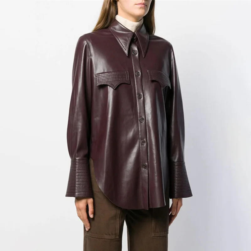 Женская кожаная блузка весна осень длинный рукав свободная рубашка Топы |