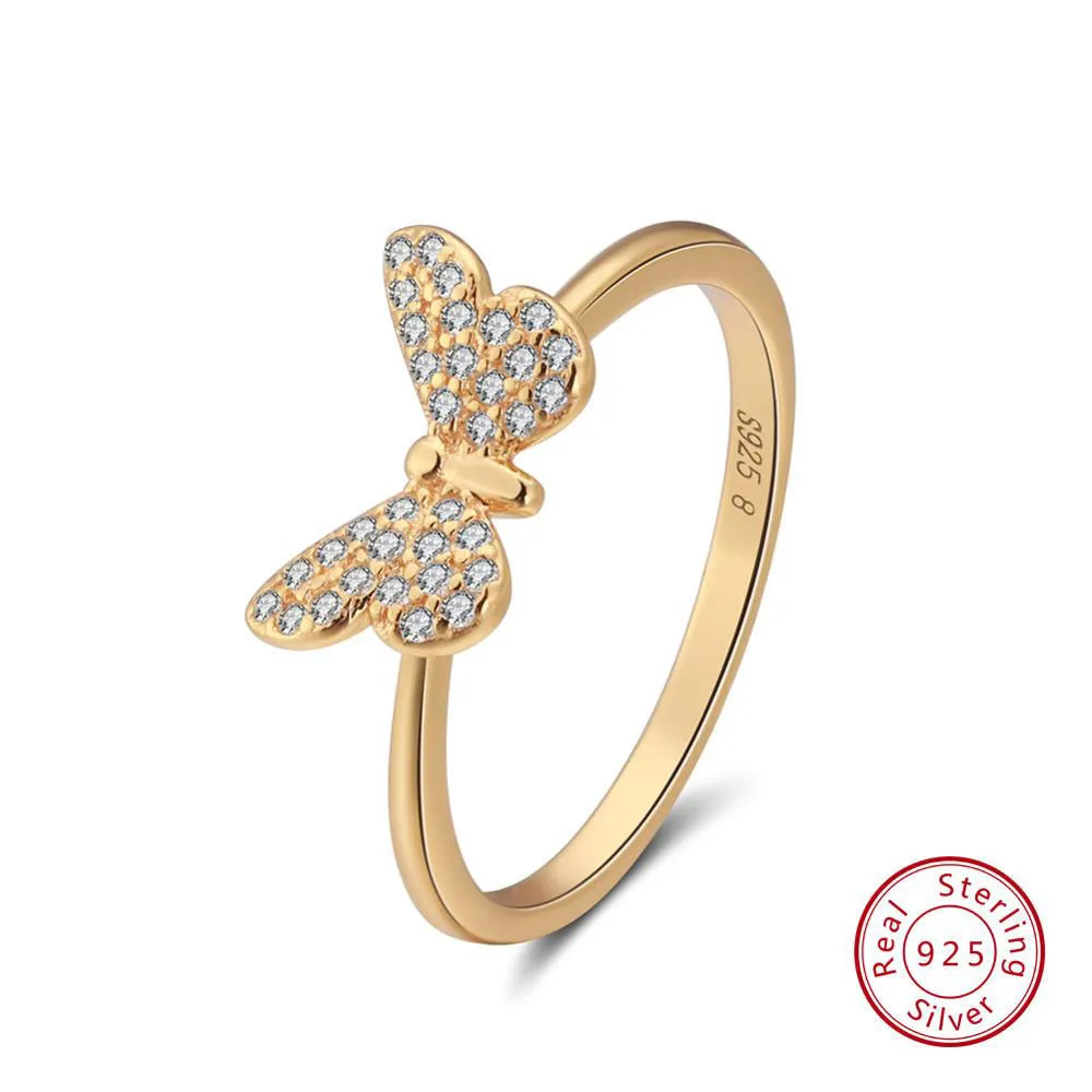 Gold Color Effie queen 925 пробы Серебряное женское кольцо с бабочкой с AAA блестящим цирконием женские кольца s925 хорошее ювелирное изделие TSR59 - Цвет камня: Gold Color