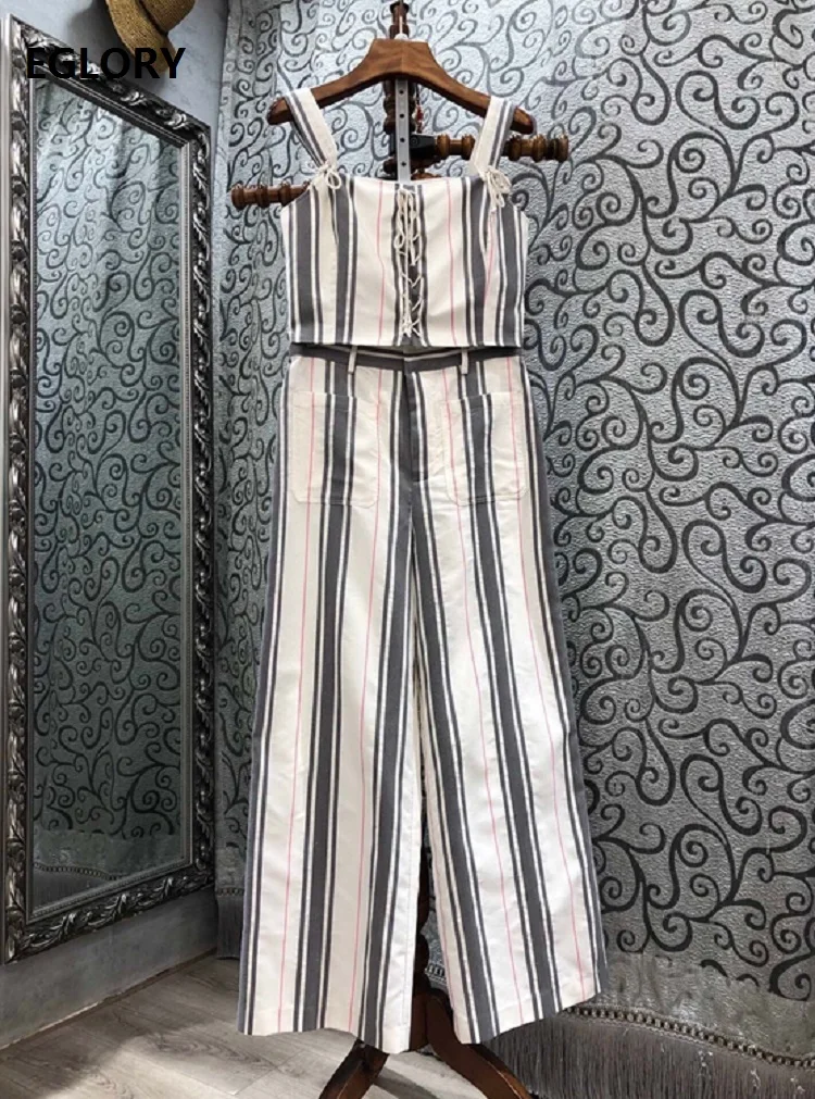 

Crop Sets 2021 Spring Summer Fashion Pant Suits Women Stiped Print Cross String Deco Sexy Crop Tops+Straight Casual Pant Sets