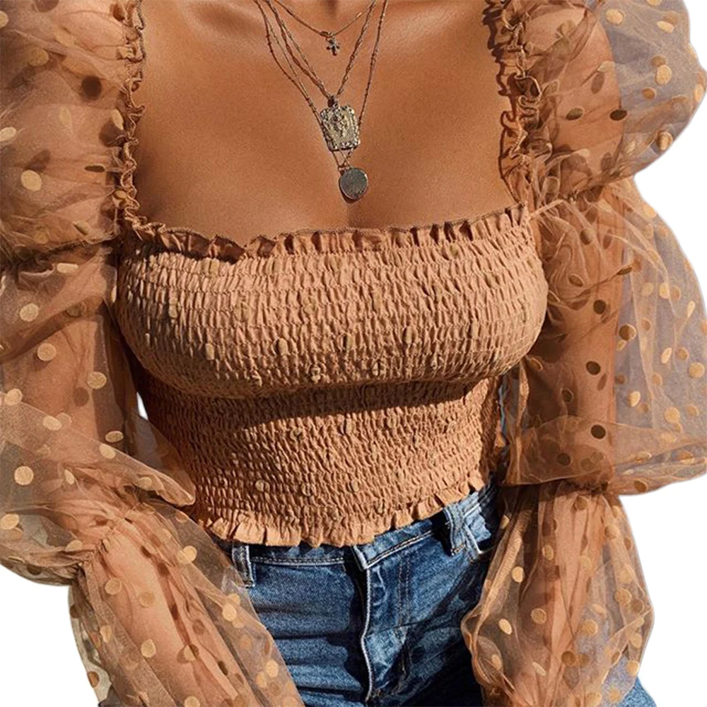 

Sexy Women Wrinkled Backless Blouse Shirt Mesh Sheer Puff Sleeve Wrap Chest Tops 2021 Spring Summer Ladies Dots Blouse
