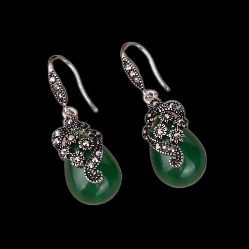 

Серьги с зеленым нефритовым цветком, циркониевые драгоценные камни, Ретро ювелирные изделия из серебра 925 пробы, женские Кристальные подарк...