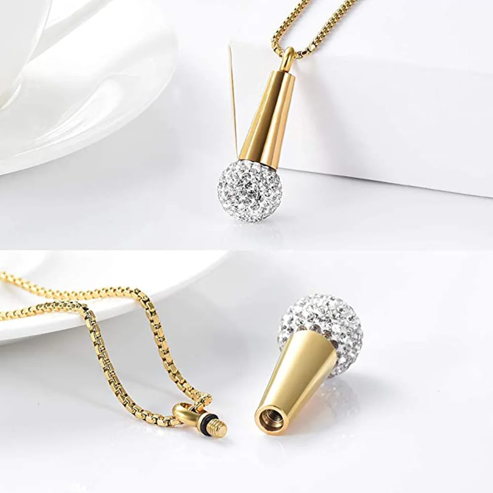 

Cremation Jewelry Microphone Urn Necklace for Ashes Stainless Steel Keepsake Memorial Ash Jewelry Crystal Pendants for Ashes