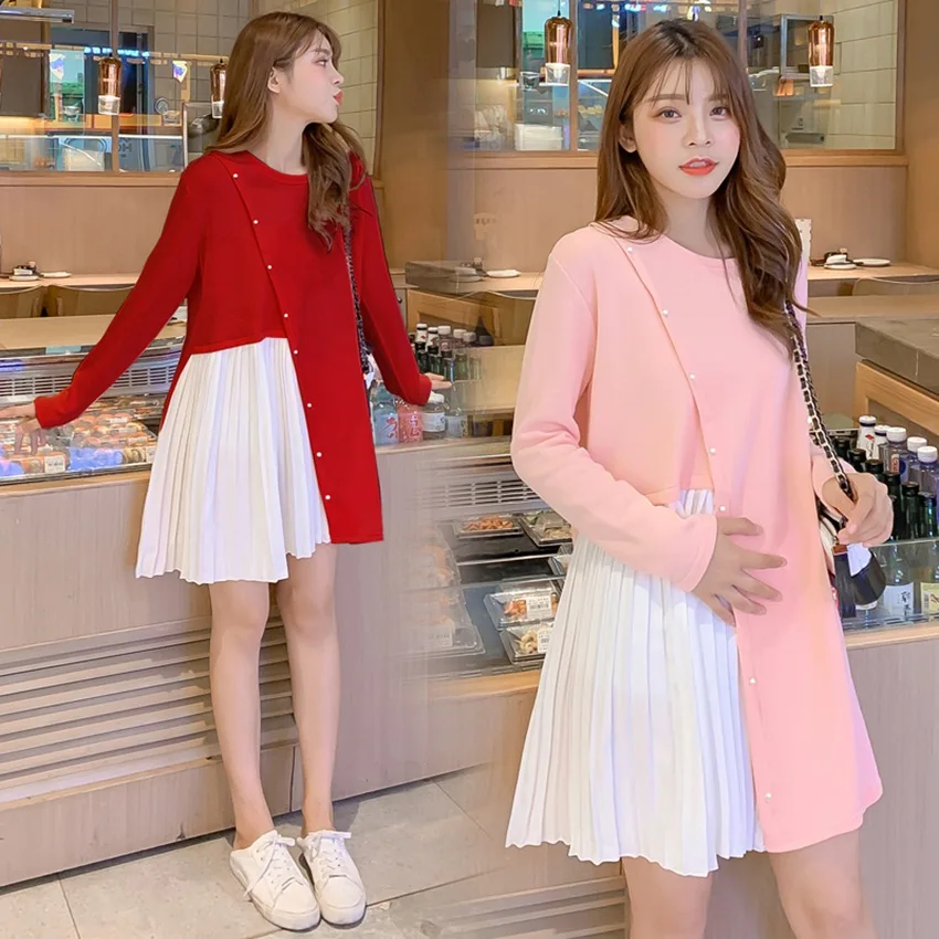 Осенне-зимнее платье для беременных милое вязаное с жемчужными пряжками Новое