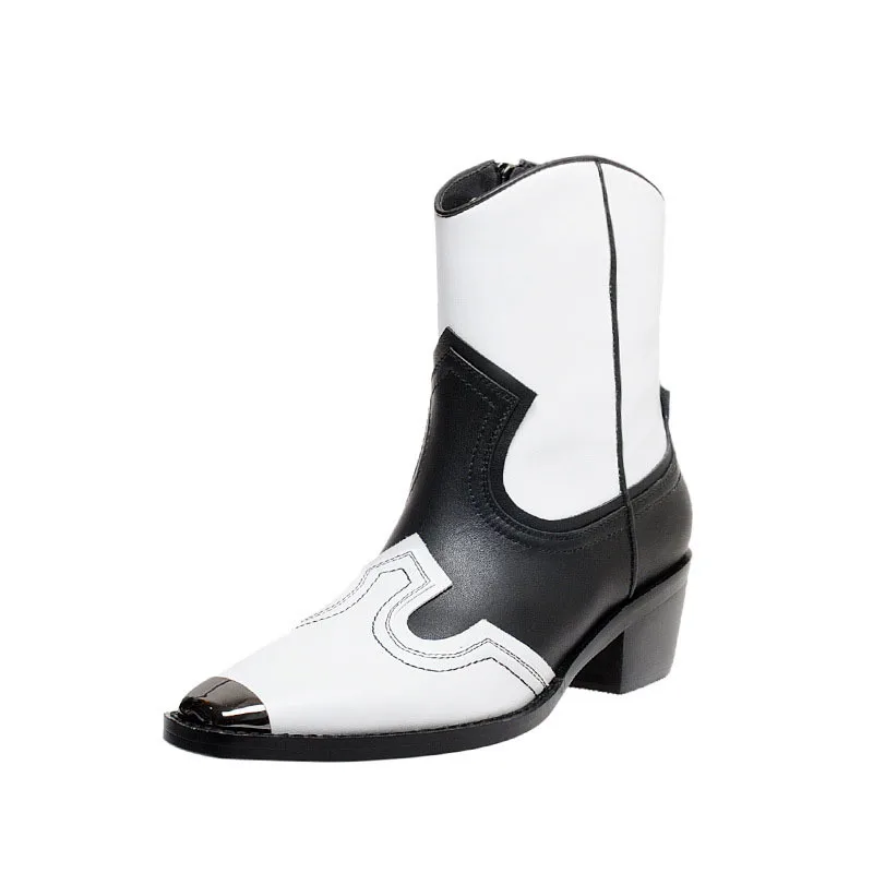 

Metal Square Head Western Denim Leather Boots British Style Handsome Thick Heel Genuine Short Boots Snake Pattern Boots