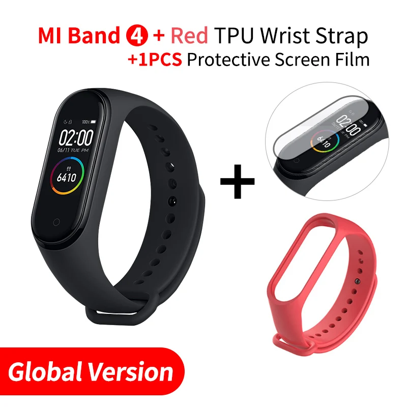 EN Add Red Strap Xiaomi Mi браслет, 4 браслета, монитор сердечного ритма, фитнес-трекер, полноцветный AMOLED сенсорный дисплей, Bluetooth 5,0, водонепроницаемый - Цвет: EN Add Red Strap