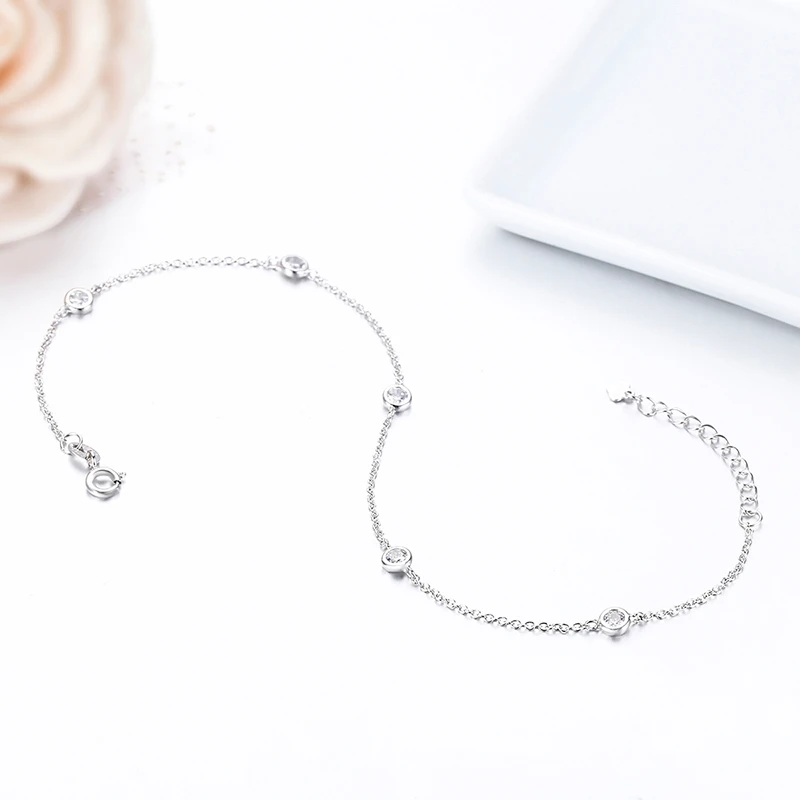 Женский ножной браслет с круглым кубическим цирконием амулет из стерлингового