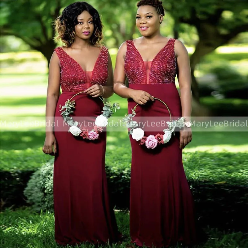 

Luxury Crystals Beads Bridesmaid Dresses Sheath V-Neck Burgundy Maid Of Honor Dress Women Long Wedding Party Gowns Vestidos