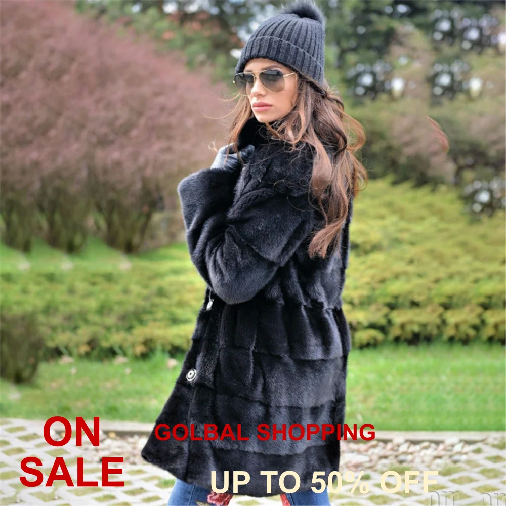 

TOPFUR Fashion Black Coat Real Fur Coat Women Winter Natural Mink Fur Coat Slim Mandarin Collar Full Sleeves Medium Clothes
