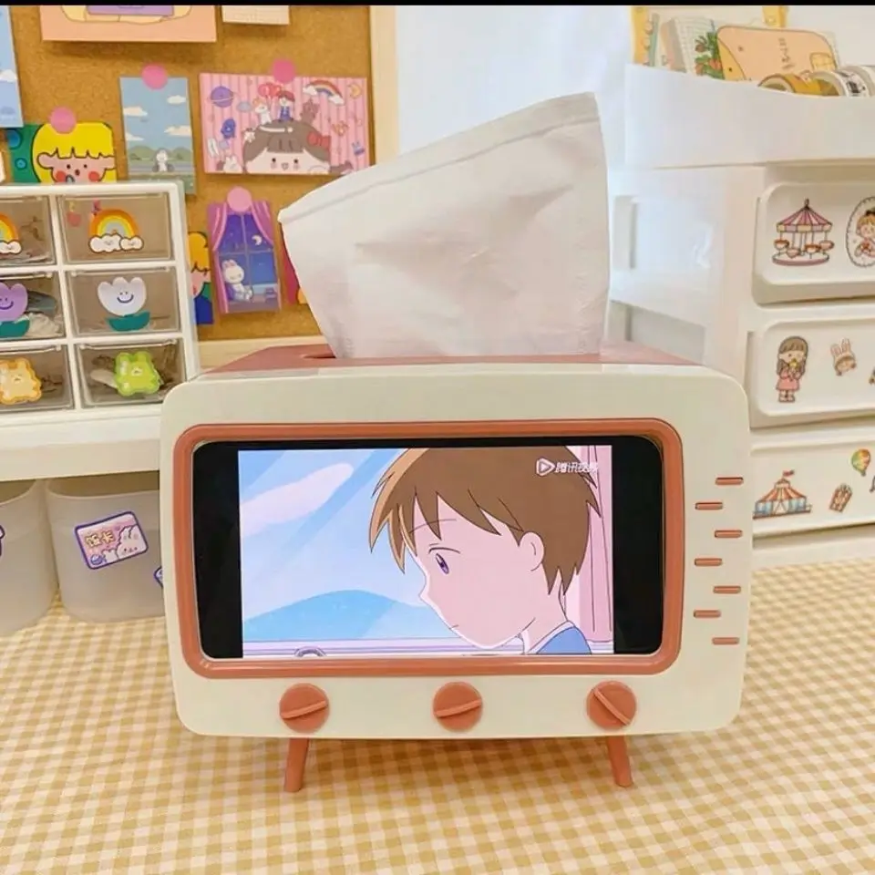 retro tv cute creative mobile phone holder multifunction desktop stand table paper tv tissue storage box accessories for iphone free global shipping