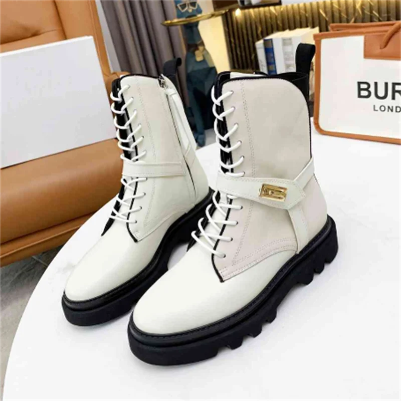 

Bottine Femme Lace Up Boots Fashion Buckle Female Shoes Platform Mid-Calf Bottes Women Luxury Brand Designer Botas De Mujer