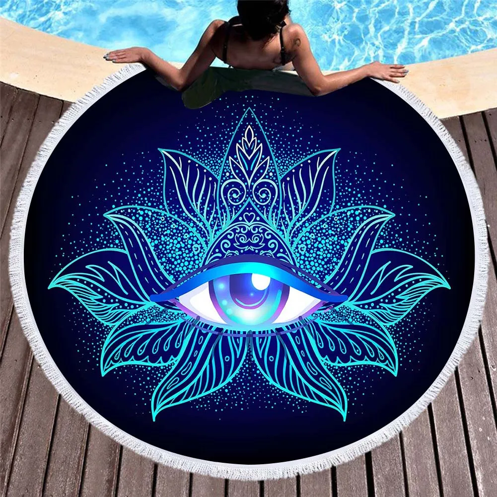 

Free shipping Gift Watercolor Ethnic Mandala Buddha All-Seeing Eye Fringed Large Round Swim Bath Beach Towel Blanket Throw 150cm