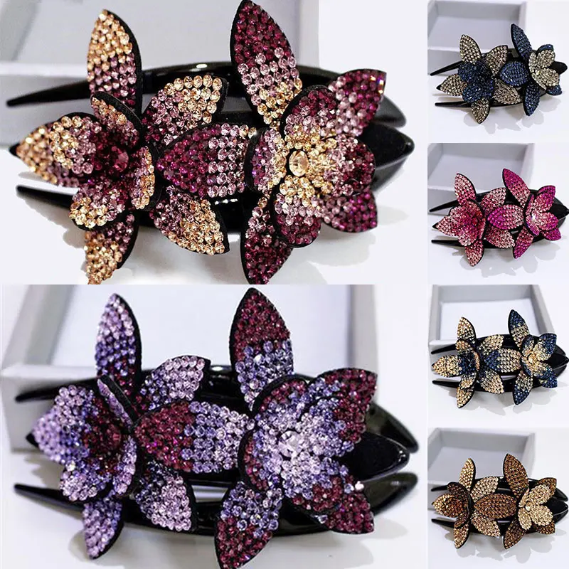 

Charm Rhinestone Double Flower Hair Clip Vintage Hair Claws Women Crystal Hair Combs Handmade Ponytail Ornament Hair Accessories