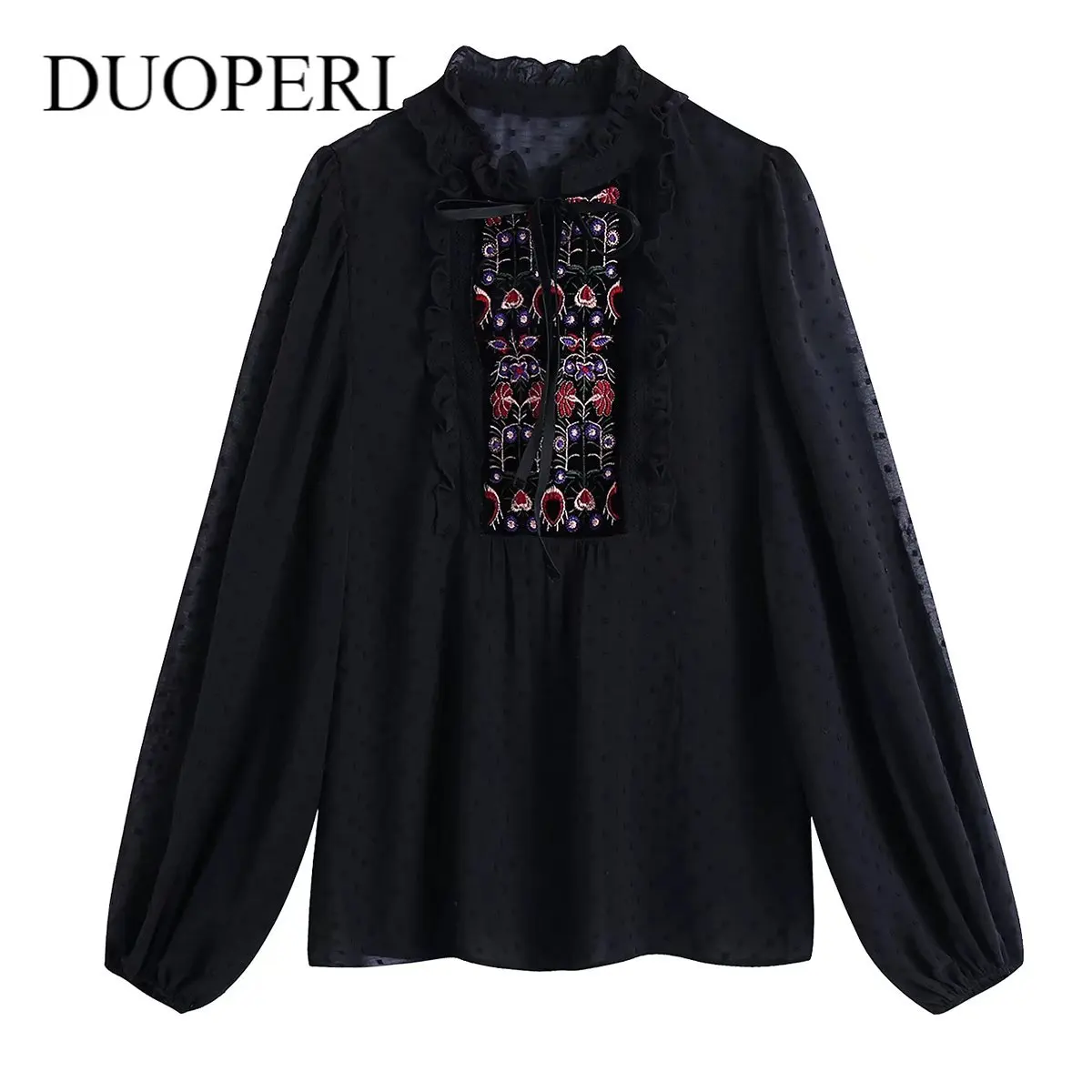Блузка DUOPERI женская с вышивкой в черный горошек модная винтажная рубашка длинным
