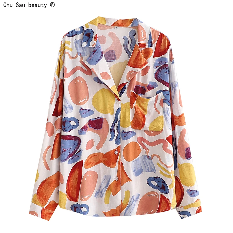 

Женская блузка с длинным рукавом, свободная тонкая винтажная блузка с отложным воротником и принтом граффити, осень 2021