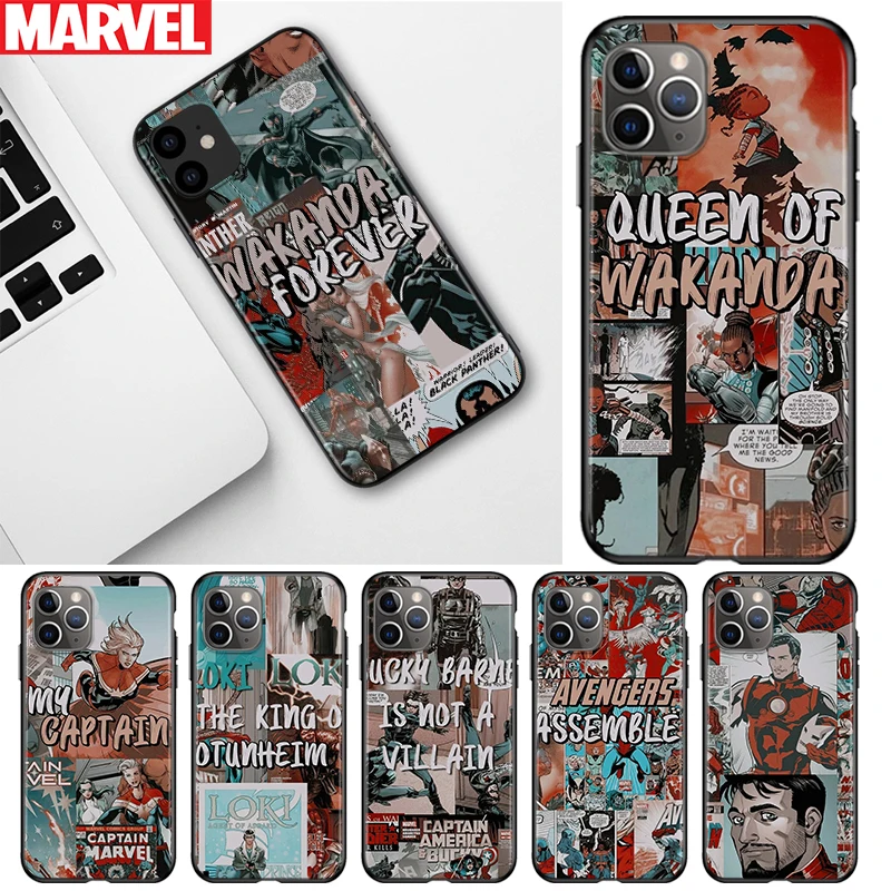 

Marvel retro comic superhero For Apple iPhone 12 11 Pro Max mini XS Max XR X 8 7 6 6S Plus 5S SE 2020 Black Soft Phone Case