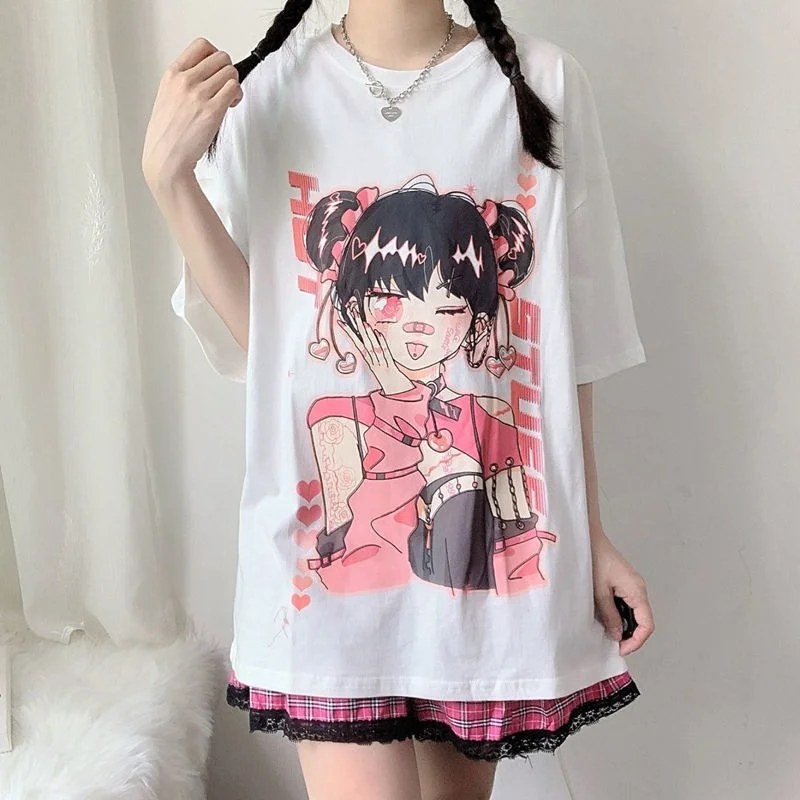 

Japanese Style Manga Graphic Tee Women Summer Harajuku Short Sleeve Anime Print T-shirts E Girls Tops 2021 Fashion Alt Clothes