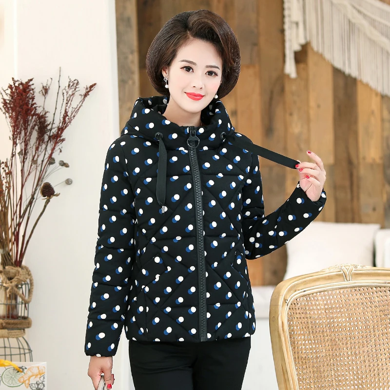 Women's Pikes dot hooded mother winter coat temperament down cotton padded middle and old aged cotton women's winter jacket