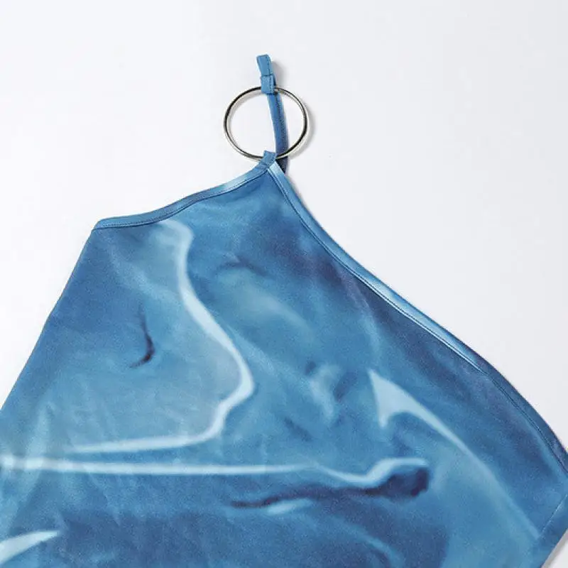 

NORMOV Women Print Summer Dress Blue Tie Dye Sexy Bodycon Sleeveless One Shoulder Strap Party Midi Dresses Beach For Women