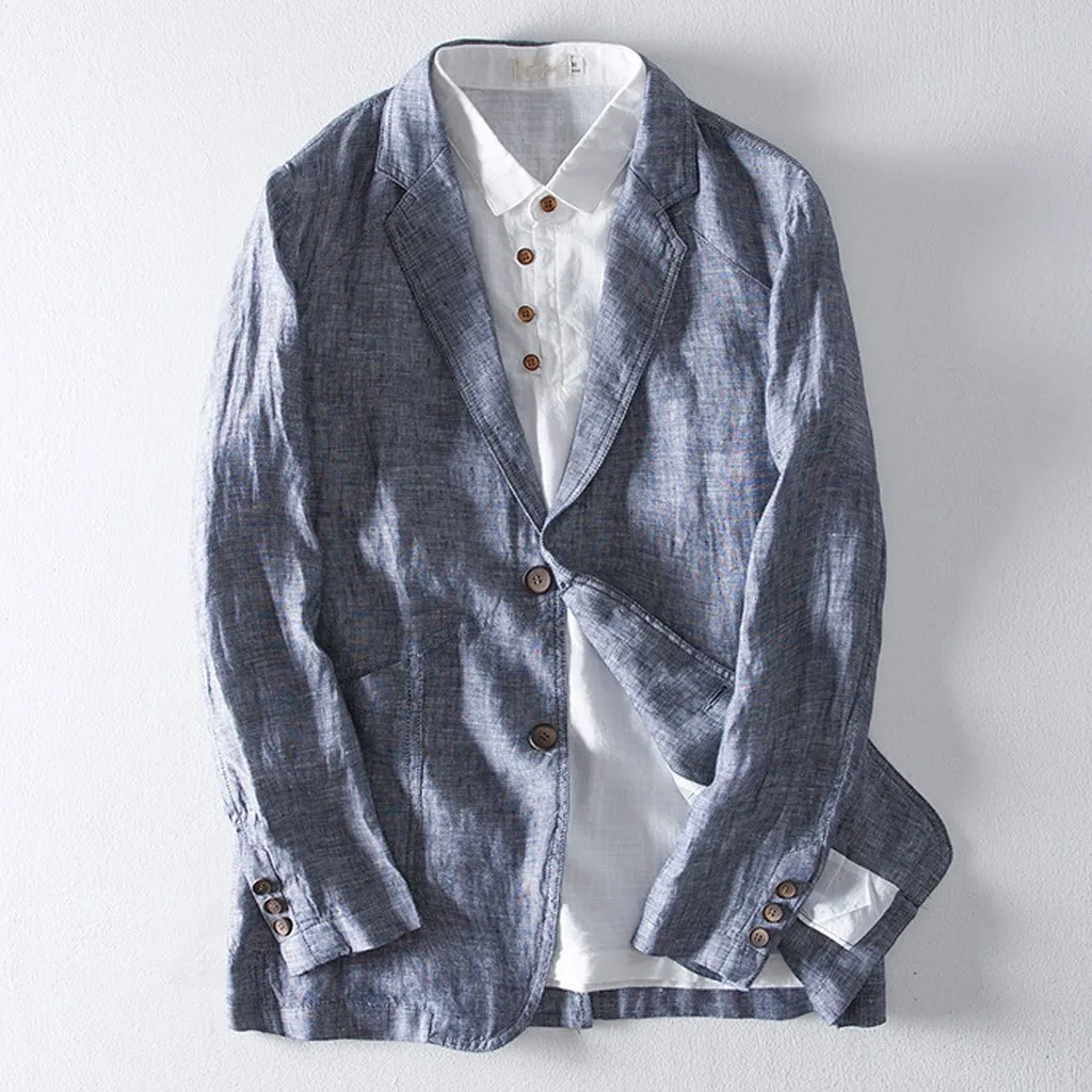 Мужской Блейзер облегающий однотонный блейзер из смеси льна с карманами и