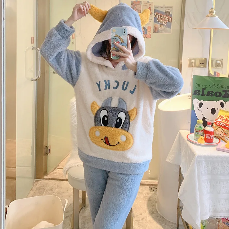 Pijamas Kawaii de felpa gruesa para padres e hijos, ropa de franela de manga larga para mantener el calor, bonita, de dibujos animados, para el hogar y la familia, Invierno-4