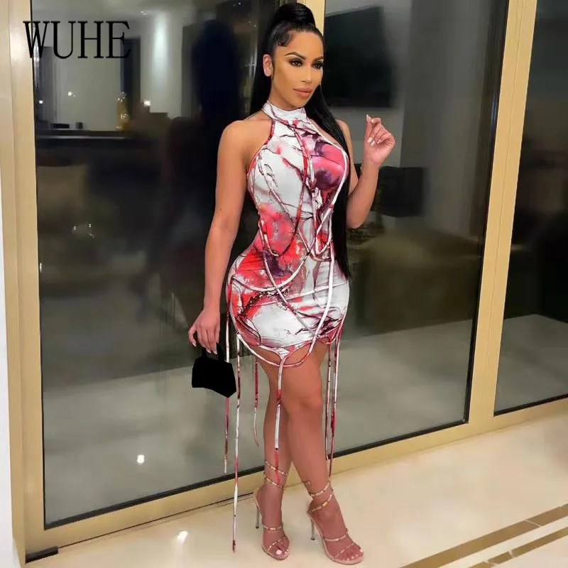 

WUHE Bandage Lace Up Print Mini Dresses Sexy Off Shoulder O Neck Sleeveless Pleated Vintage Party Nightclub Skinny Dress