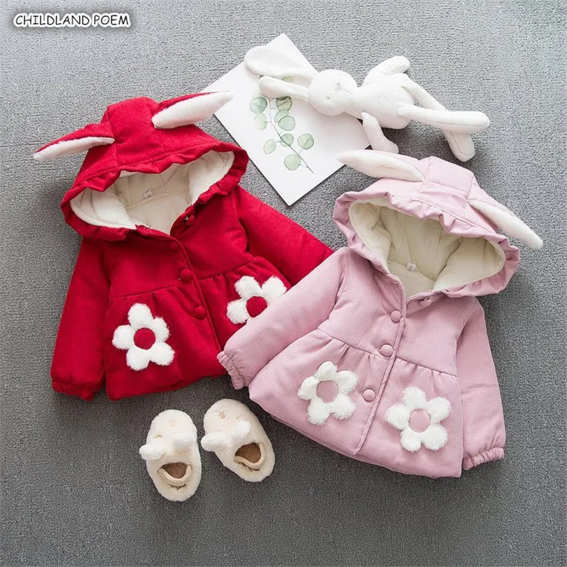 

Зимняя одежда для маленьких девочек, пальто с капюшоном с кроличьими ушками для маленьких девочек, утепленная верхняя одежда для маленьких ...