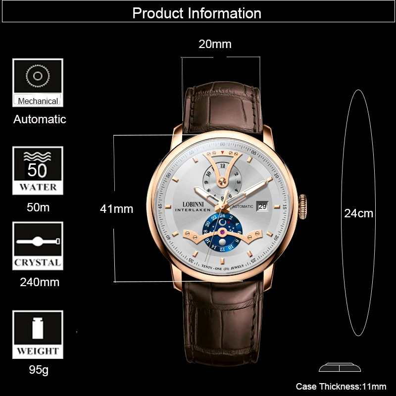 Автоматические механические мужские часы LOBINNI роскошные брендовые