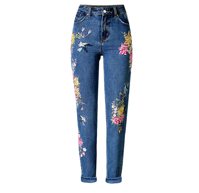 Jeans Women's Fashion Bird Flower Embroidery High-Waist Slim-Fit Straight-leg Jeans Dark Blue Denim Trousers For Mom Size S-3XL