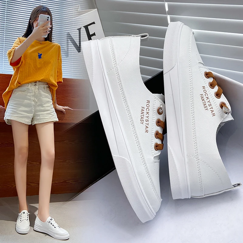 

Кроссовки женские из ПУ кожи, Вулканизированная подошва, Повседневная однотонная Классическая обувь, осень