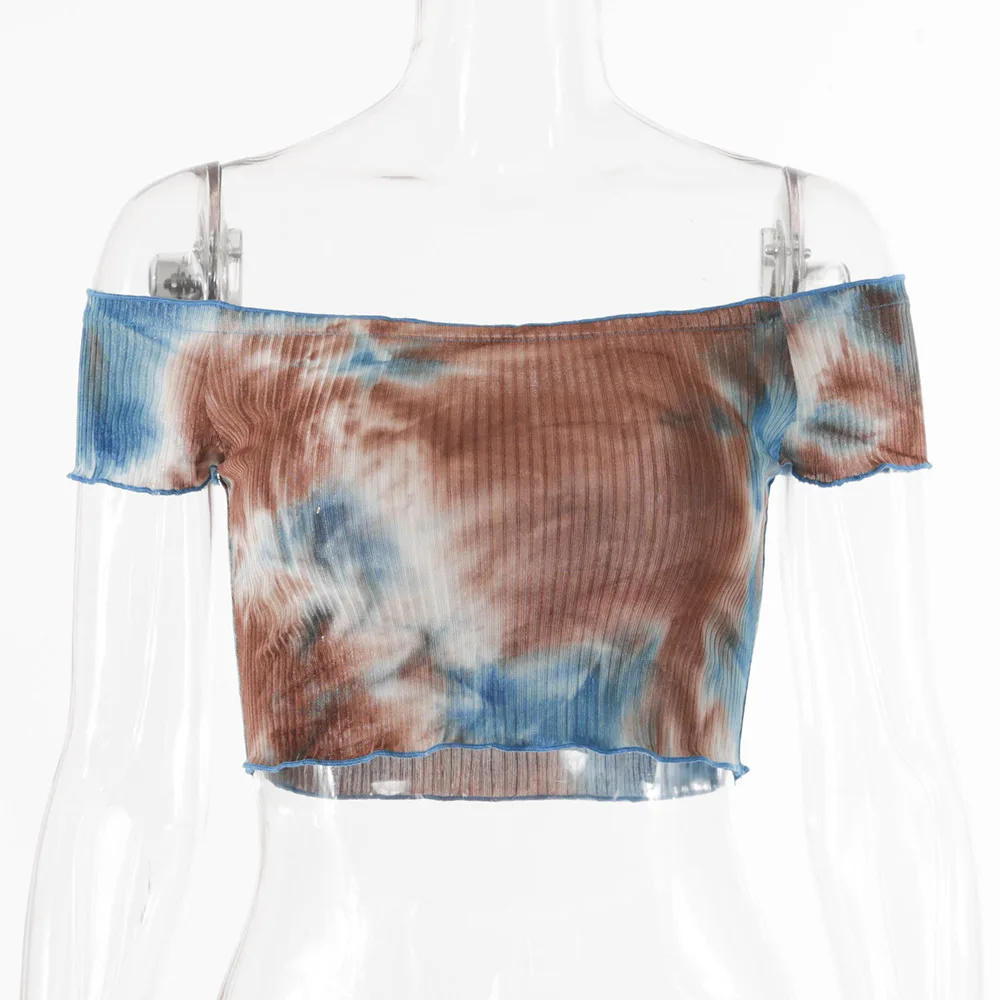 

2021 SummerFashion Tie-dye Short Sleeves T Shirts Sexy Crop-neck Crop Top for Women Printing Slimming Splicing Tees
