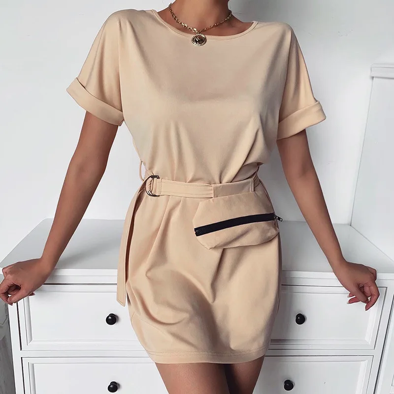 

Hot Sales Women's Casual Dress Round Neck Short Sleeve Belt Bag Dresses Fashion Running Bag Lace-up Dress Streetwear 2020 New