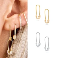 925 silver ear buckle pave zircon safety pin hoop earrings for women paperclip sparking bling crystal cz huggie earring jewelry