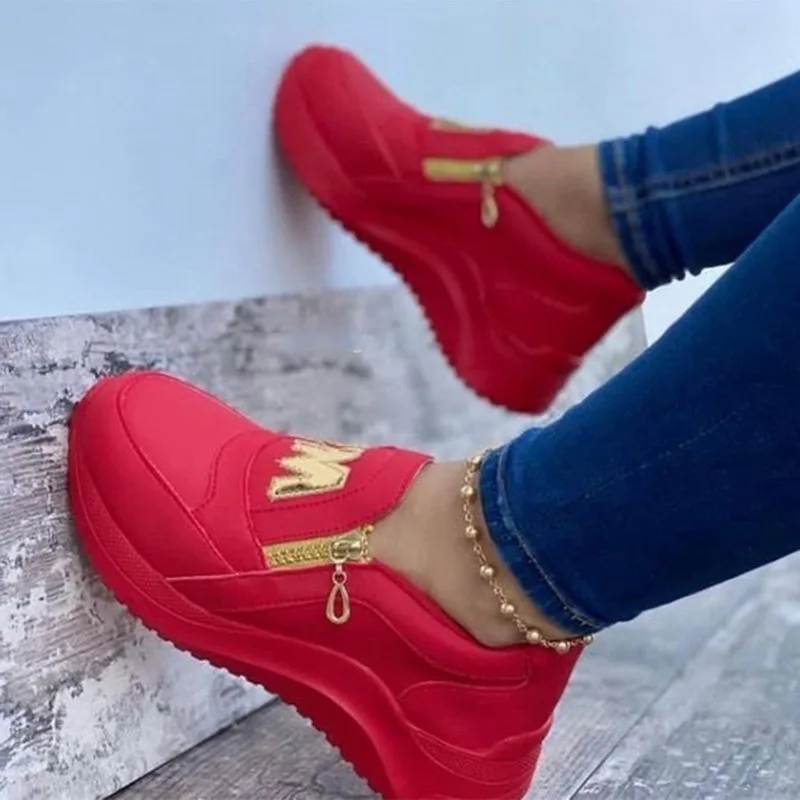 Spring Black Wedges Sneakers Platform Women Shoes Thick Bottom Fashion Zipper Non-slip Casual Korean Women's Vulcanized Shoes