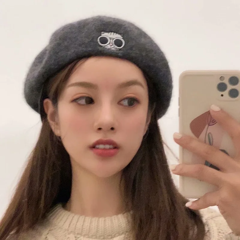 

INS French Beret Women Owl Bird Embroidery Woolen Female Beret Retro Fashion Ladies Painter Hats For Women Gorro
