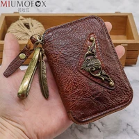 brand handmade genuine leather key wallet vintage men zipper car key card holder coin purse bag organizer housekeeper for women