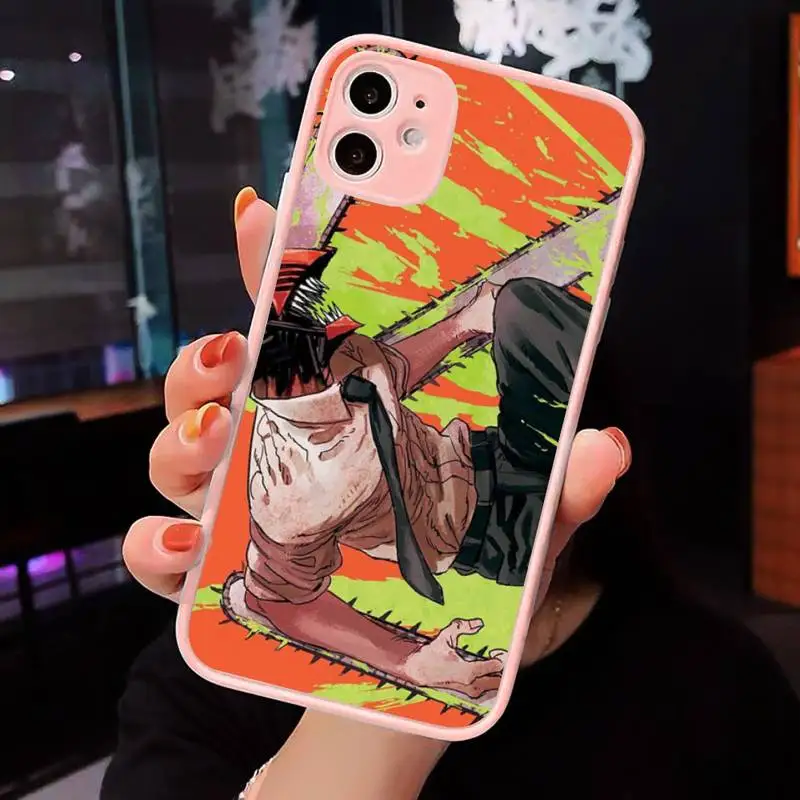 

Anime Chainsaw Man Phone Case For iPhone 12 11 Mini Pro XR XS Max 7 8 Plus X Matte transparent Pink Back Cover