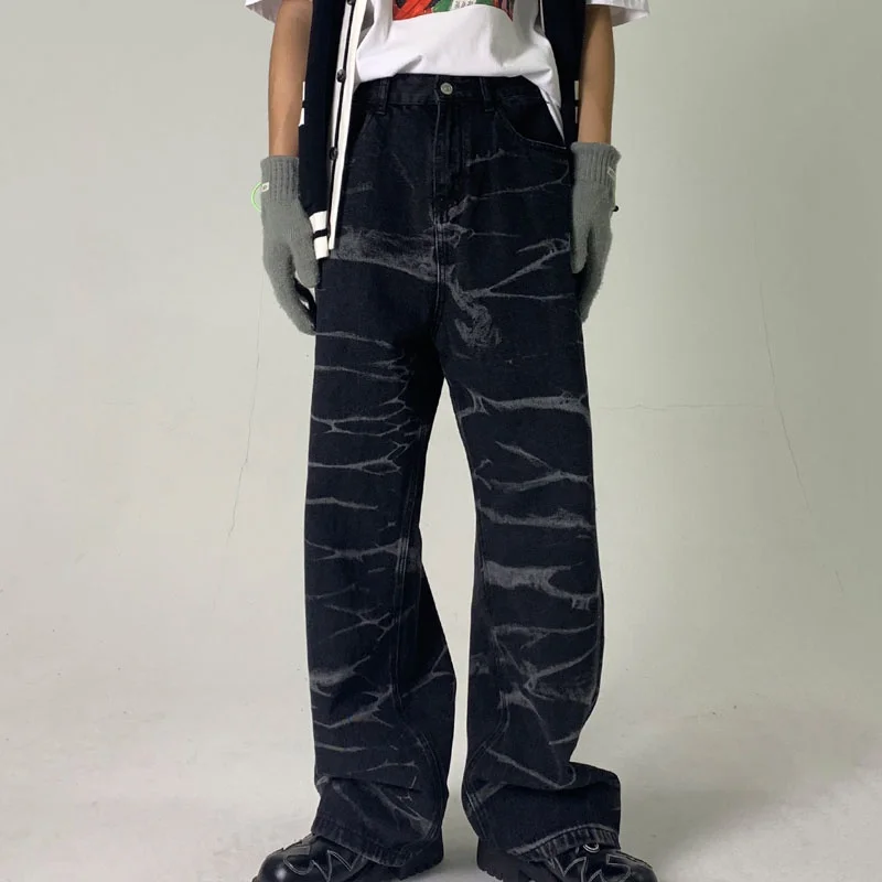 Men Print Wide Leg Jeans Autumn Loose Long Denim Pants Male Trousers Casual Streetwear Vintage Straight Pant Man