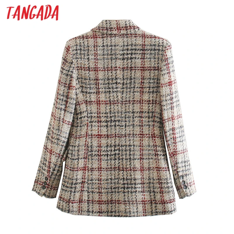 

Tangada Women 2020 Fashion Plaid Tweed Blazer Coat Vintage Double Breasted Long Sleeve Female Outerwear Chic Tops 3H11