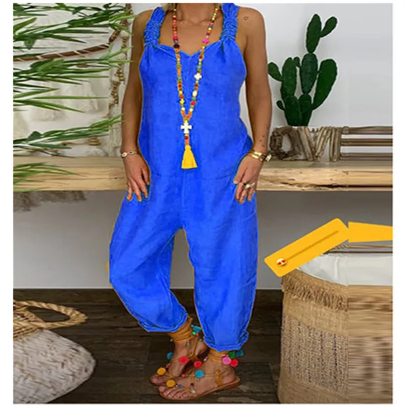 2021 Women Casual Solid Strappy Dungarees Vintage Cotton Linen Loose Rompers Party Long Harem Overalls Jumpsuits |
