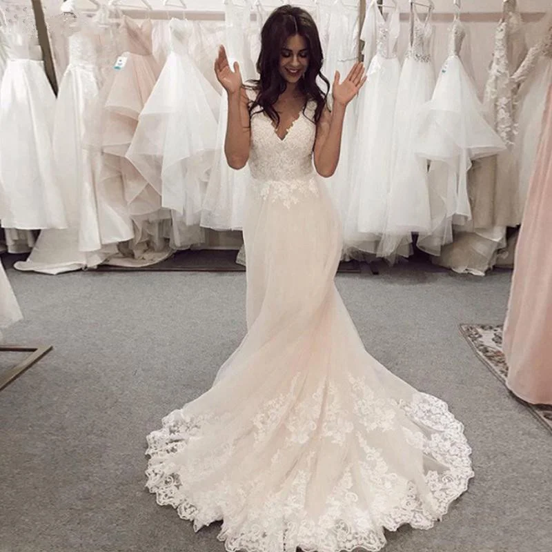 

Elegant Wedding Dresses 2020 Sleeveless V Neck Sexy Backless A Line Court Train Lace Appliques Bridal Gowns Vestido de Noiva