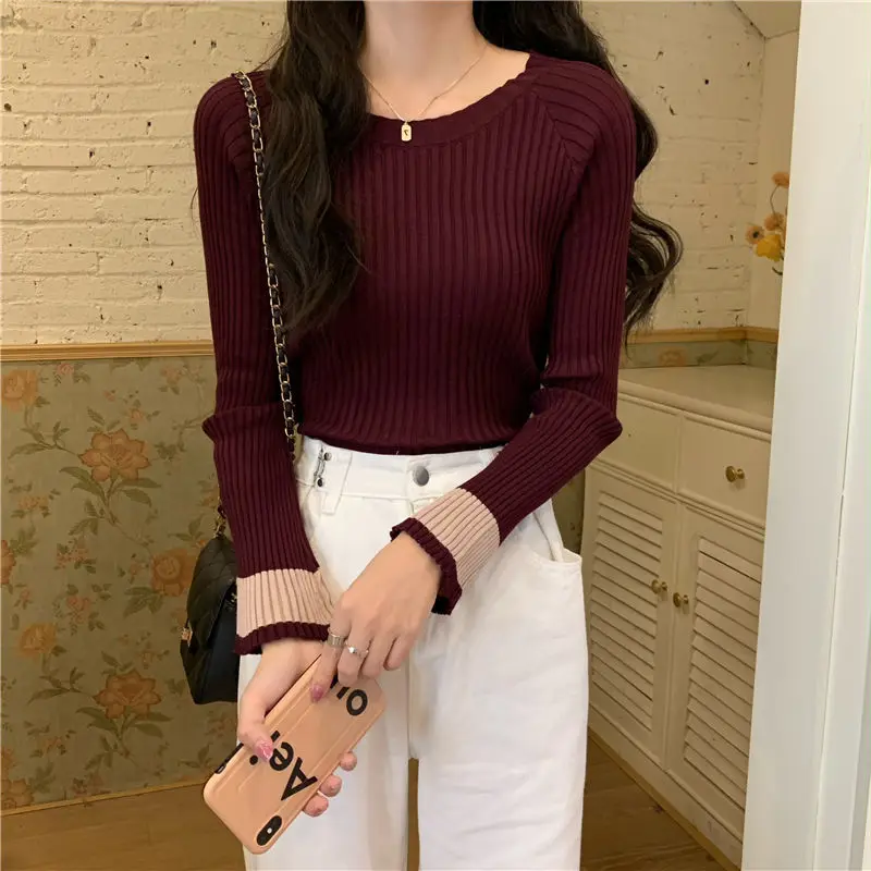 Пуловеры женские с круглым вырезом облегающий осенний свитер в стиле пэчворк