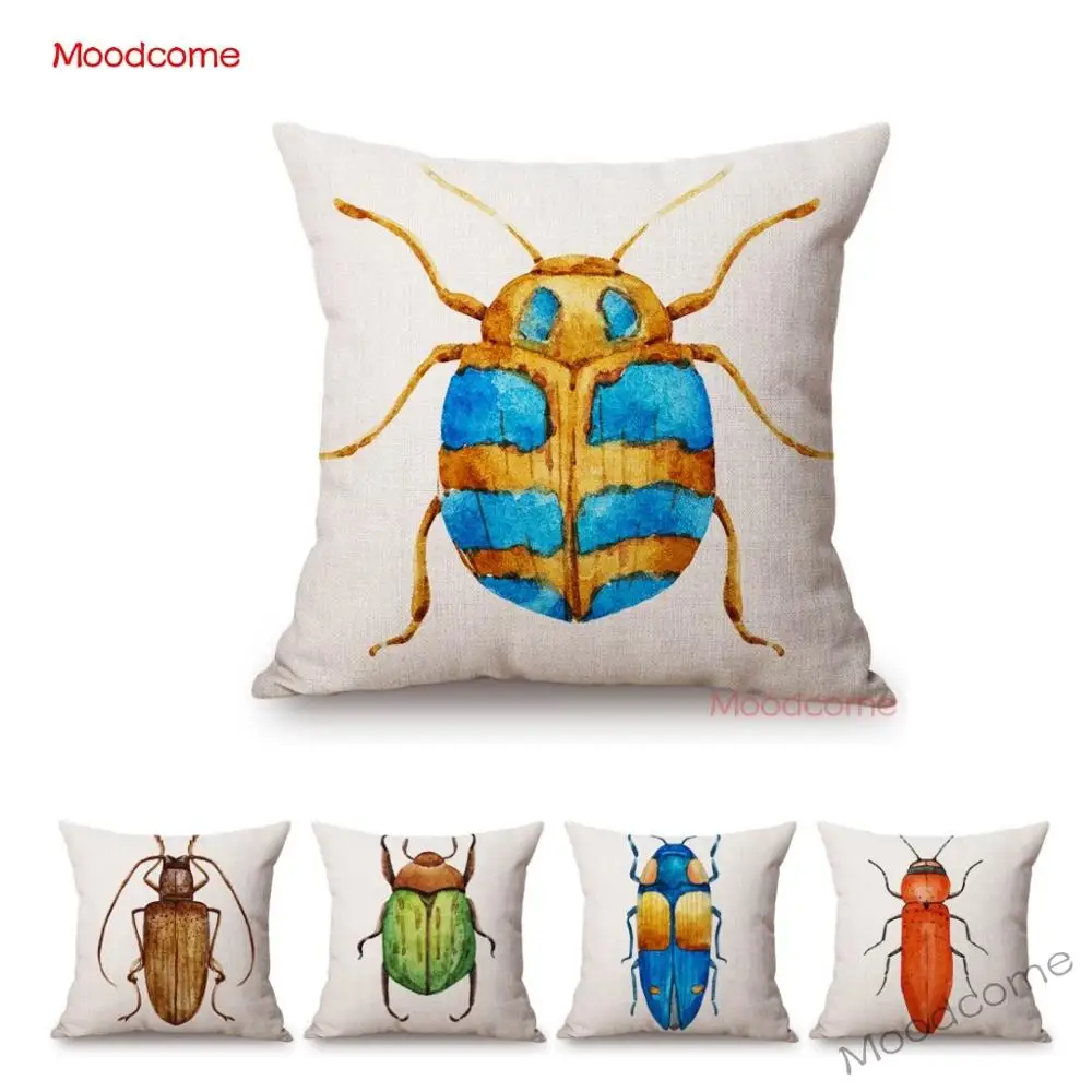 Colorful Watercolor Insects Beatle longhorn Bug Cute Sofa Throw Pillow Case Nordic Children Room Decoration Linen Cushion Cover