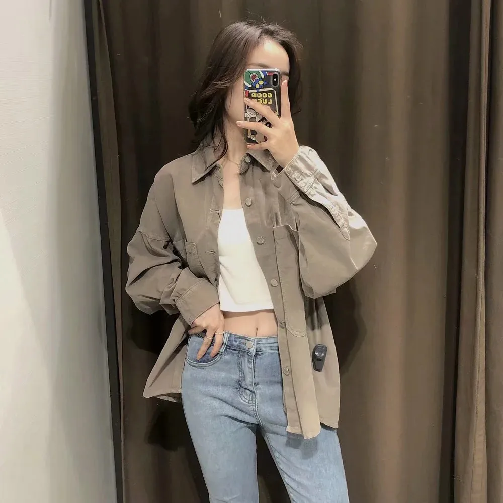 

2020 New Autumn Female Korean Trendy Casual Turn Down Collar Outwear Chic Solid Cotton Shirt Blouses Coffee Jackets