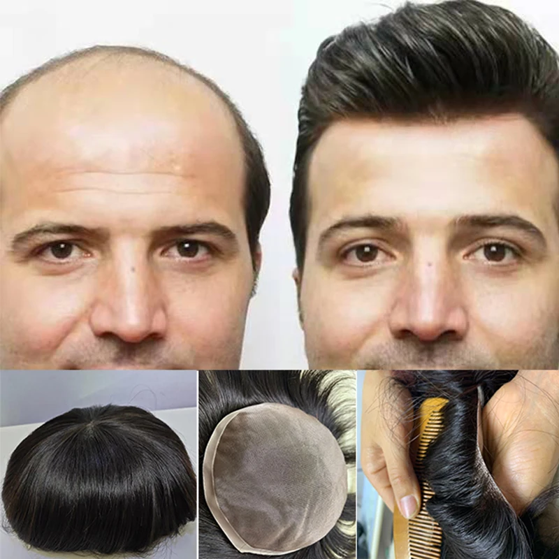 The Cheapest Durable Men Toupee 120% Density Real Human Hair Men Toupee Durable Fine Mono Lace Men Wig Replacement System Unit