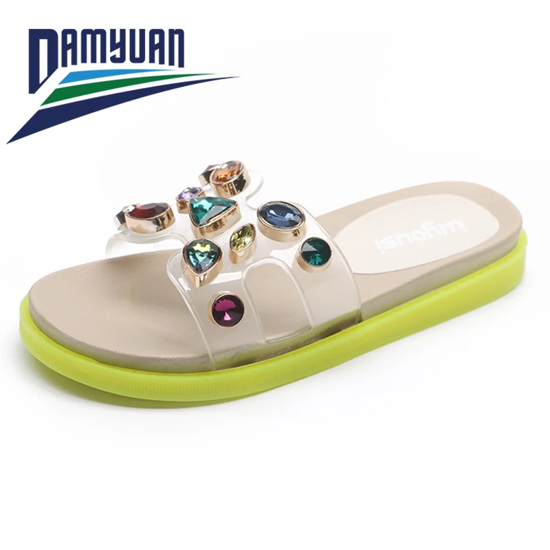 Шлепанцы женские с кристаллами пляжные сандалии ананасом плоская подошва модная