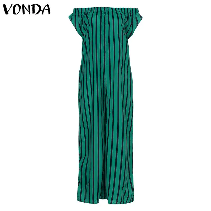 Green VONDA, сексуальный женский комбинезон с открытыми плечами, комбинезон, элегантный полосатый комбинезон, длинный, летний, широкие, женский спортивный костюм комбинезоны размера оверсайз - Цвет: Green