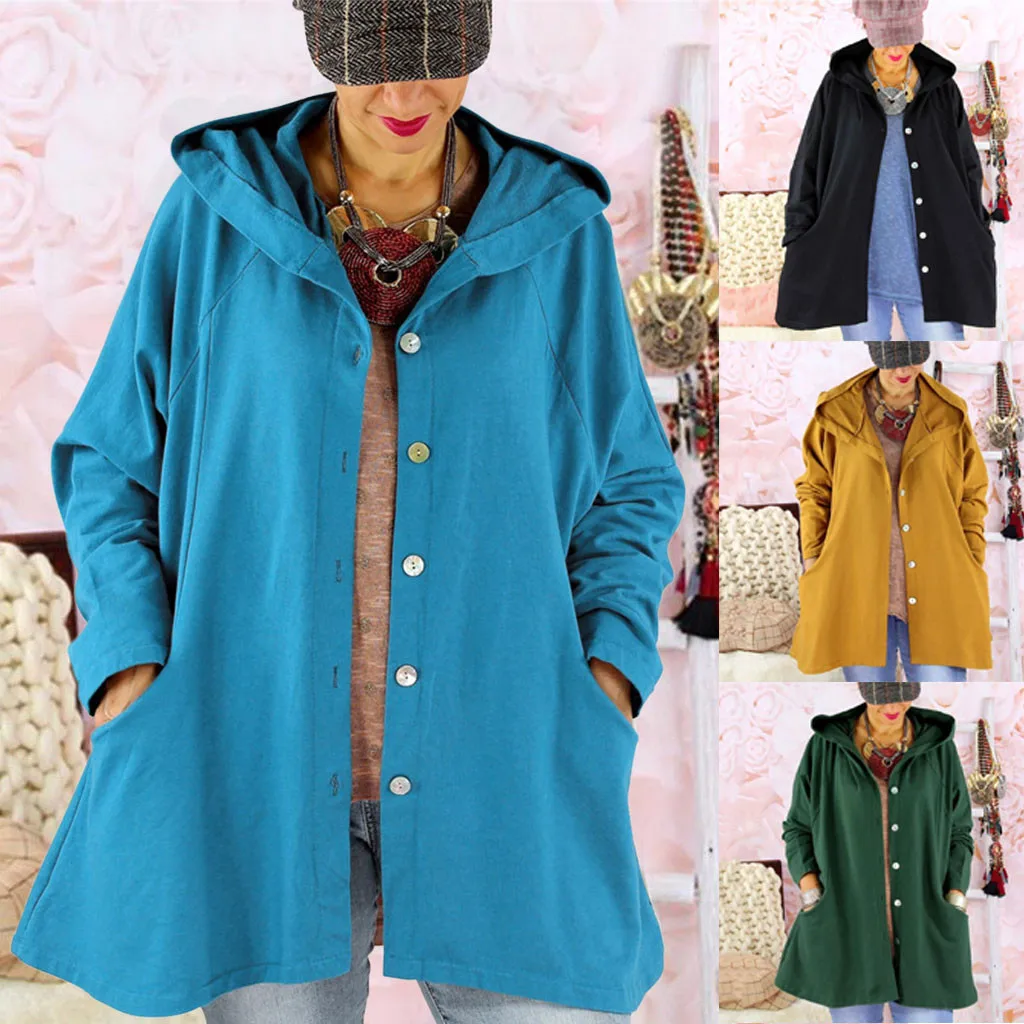 

Vogue Women's Fashion Solid Color New single-breasted Pocket Hooded Jacket Candy Color Long Sleeve Loose Long Outdoor Jacket
