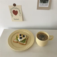 korean style cream yellow mug milk coffee cup ceramic plate cup and saucer set afternoon tea breakfast dessert